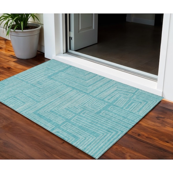 Homeroots 3' X 5' Turquoise And Ivory Geometric Washable Indoor Outdoor Area Rug 600864 - main