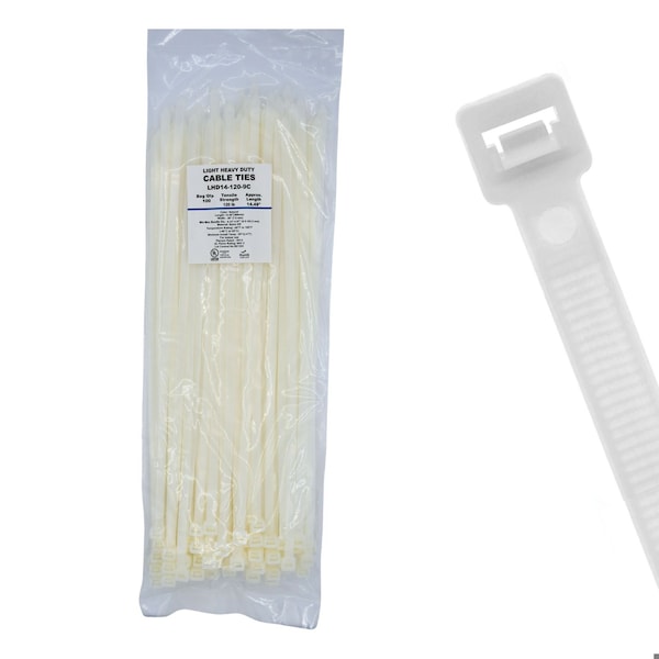 Cable Ties Unlimited Cable Tie, 14 in L, 120 lb Strength, 4 in Max Bundle Dia, Nylon 6/6, Natural, 100PK LHD14-120-9C - main