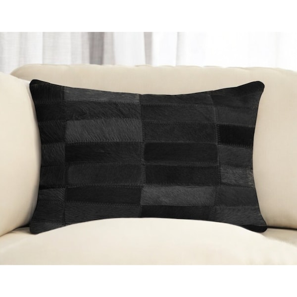 Homeroots 12" X 20" Black Patchwork Cowhide Lumbar Throw Pillow 544620 - main
