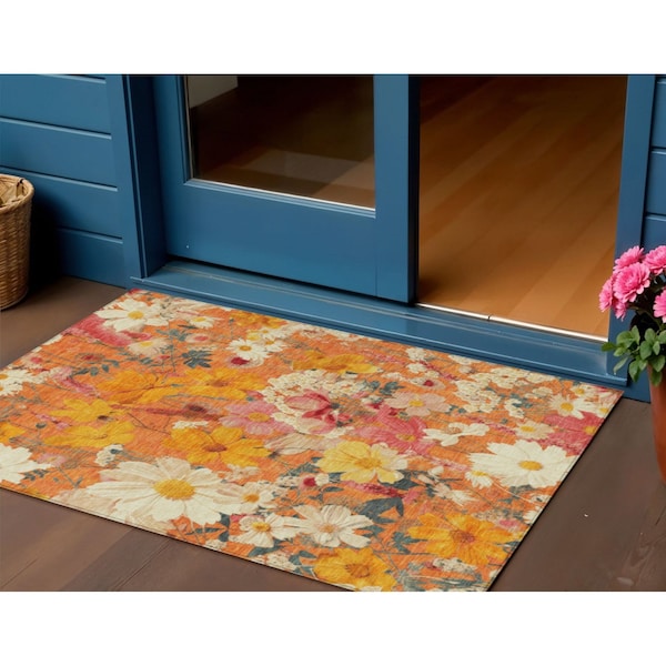 Homeroots 3' X 5' Orange Peach And Salmon Floral Washable Indoor Outdoor Area Rug 611204 - main