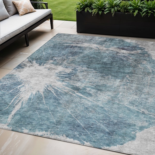 Homeroots 5' X 8' Teal Blue Navy Blue And Gray Abstract Washable Indoor Outdoor Area Rug 582963 - main
