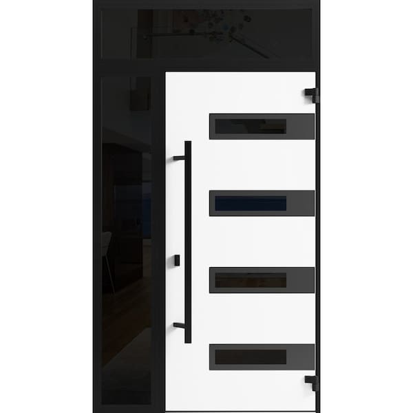 Vdomdoors Front Exterior Prehung Steel Door Ronex0131 Grey Sidelight and Transom Window Sidelite Entry Metal RONEX0131EXD-GRE-W36+14 X H80+16-LH-I - main