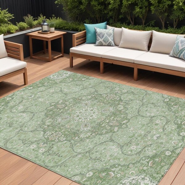 Homeroots 10' X 14' Artichoke Green And Ivory Medallion Washable Indoor Outdoor Area Rug 617454 - main