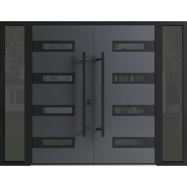 Vdomdoors Front Exterior Prehung Aluminum Double Doors Ronex0131 Grey 2 Sidelights Mirrored Clear Glass Entry RONEX0131DEXD-GRE-W14+72+14xH80-LH-I - main