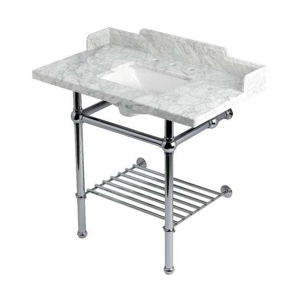Kingston Brass 36-Inch Carrara Marble Console Sink with Brass Legs and Shelf, 8-Inch, 3-Hole LMS36MBSQB1 - main
