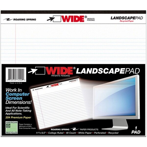 Roaring Spring Wide College Ruled Landscape Legal Pad, 11 x 95 40 Sheets, White, White ROA74500 - main