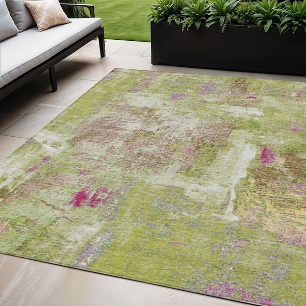 Homeroots 5' X 8' Lime Green Ivory And Pink Abstract Washable Indoor Outdoor Area Rug 596873 - main