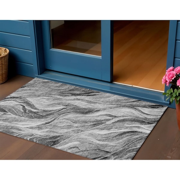 Homeroots 3' X 5' Gray Charcoal And Ivory Abstract Washable Indoor Outdoor Area Rug 582992 - main