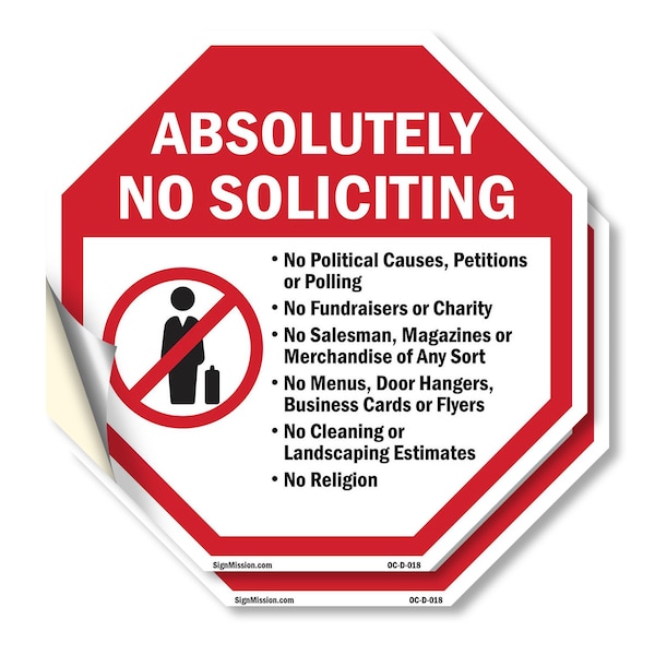 Signmission Absolutely No Soliciting No Politi, 4 inch X 4 inch, Vinyl Decal, 2PK OC-D-2PACK-4-18 - main
