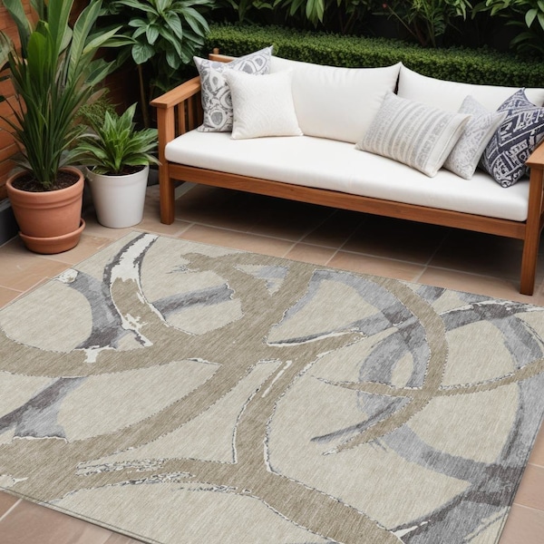 Homeroots 8' X 10' Beige Ivory And Gray Abstract Washable Indoor Outdoor Area Rug 599103 - main