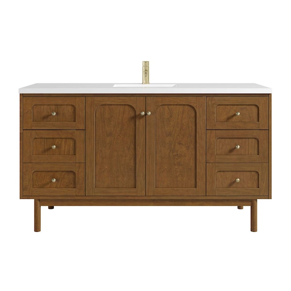 James Martin Vanities Laurent 60" Sgl Vanity, Honey Oak w/ Sgl Hole 3 CM White Zeus Silestone Top and Matching Backsplash 545-V60S-HNO-1WZ - main