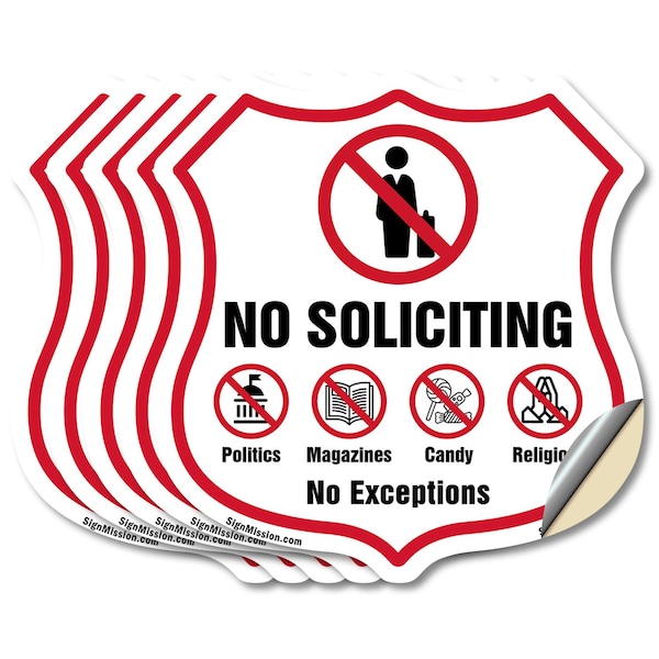 Signmission No Soliciting Shield Sign No Politics Ma, 6 inch X 6 inch, Vinyl Decal, 5PK SHI-D-5PACK-6-403 - main
