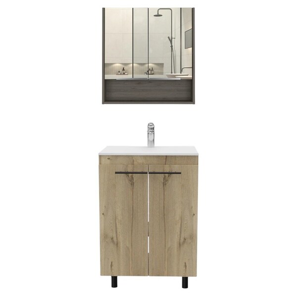Homeroots 24" Natural Wood Freestanding Bathroom Vanity With White Sink And Medicine Cabinet With Mirror 546368 - main