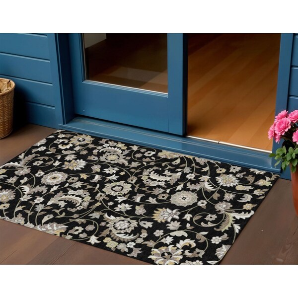 Homeroots 3' X 5' Black Beige And Ivory Floral Washable Indoor Outdoor Area Rug 597800 - main
