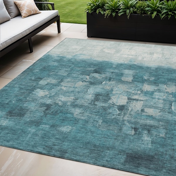 Homeroots 5' X 8' Teal Blue And Silver Abstract Washable Indoor Outdoor Area Rug 632096 - main