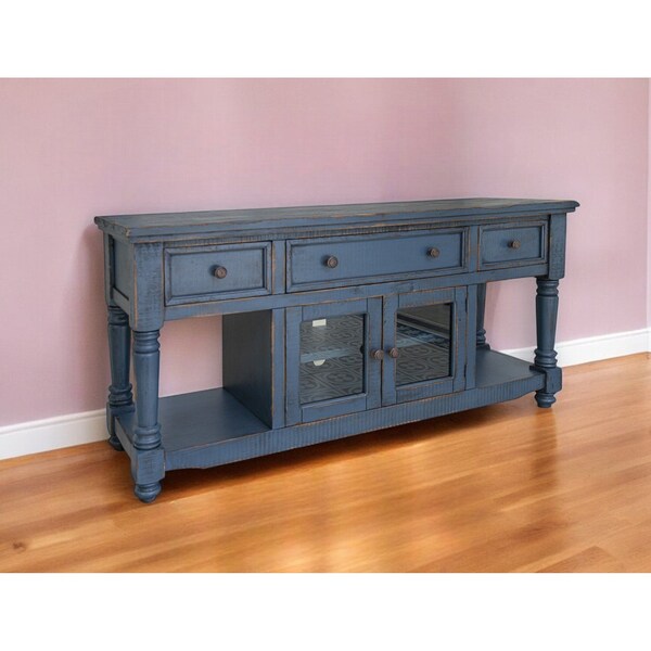 Homeroots 70" Blue Mango Solid Wood Open shelving Distressed TV Stand 528739 - main
