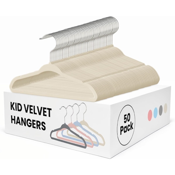 Simple Deluxe Kids Velvet Hangers, 11 Inch Durable Children Hangers for Closet, Beige White, 50PK HKHANGVELVETKID50WHT - main