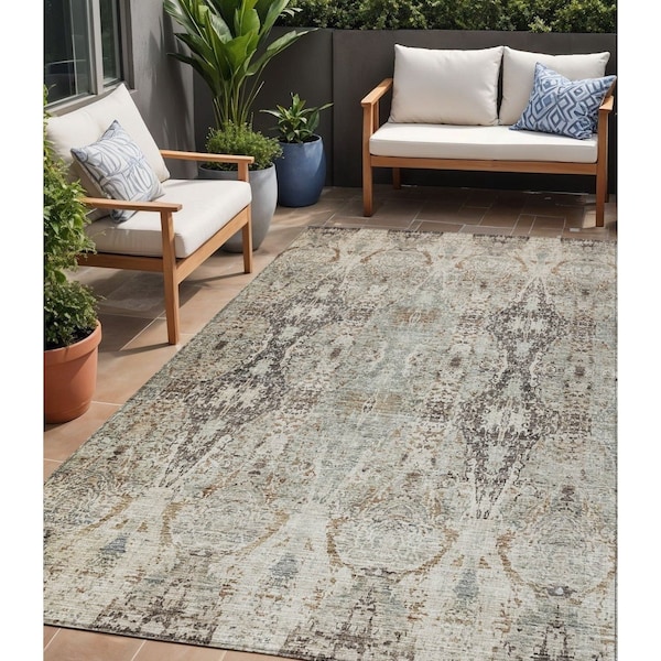 Homeroots 5' X 8' Linen Black And Brown Floral Washable Indoor Outdoor Area Rug 606243 - main
