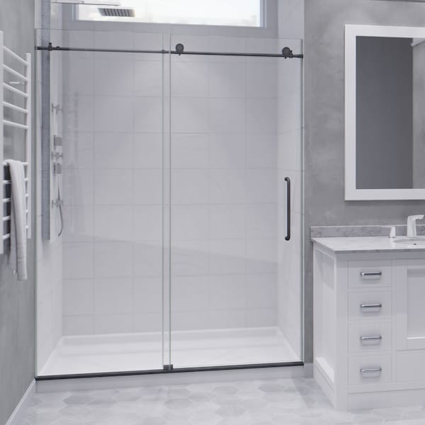 Anzzi 60 in. by 76 in. Frameless Sliding Shower Door in Gunmetal w/ Clear Tempered Glass & Tsunami Guard SD-AZ13-02GB - main