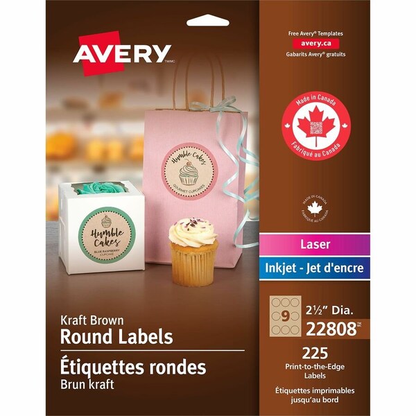 Avery Round Easy Peel Labels, 2-1/2in Dia., Brown Kraft, 225/Pk 22808 - main