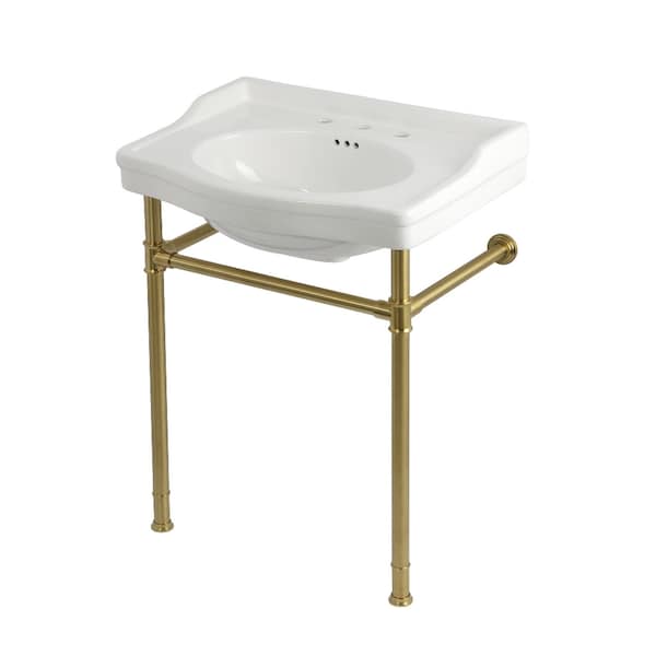 Kingston Brass 30" Ceramic Console Sink with Stainless Steel Legs, 8-Inch, 3-Hole, White/Brushed Brass KVPB30229W387 - main