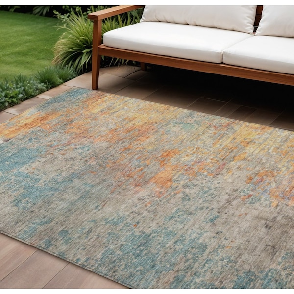 Homeroots 10' X 14' Teal Blue Abstract Washable Indoor Outdoor Area Rug 608836 - main