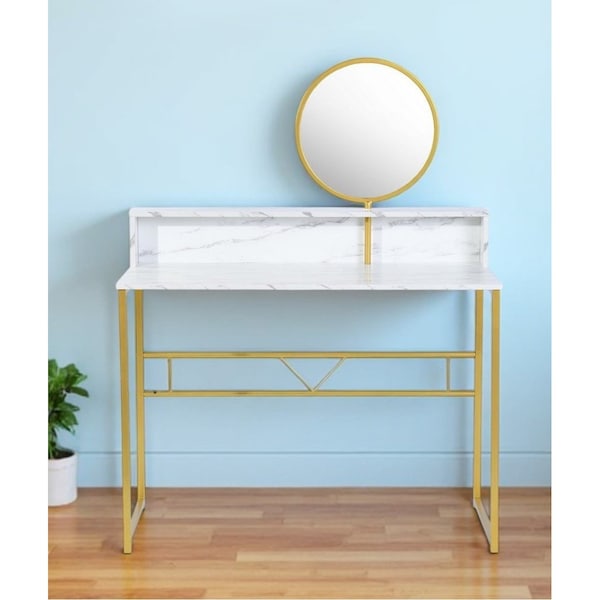 Homeroots 41" White And Gold Faux Marble and Steel Vanity Table with Mirror 568240 - main