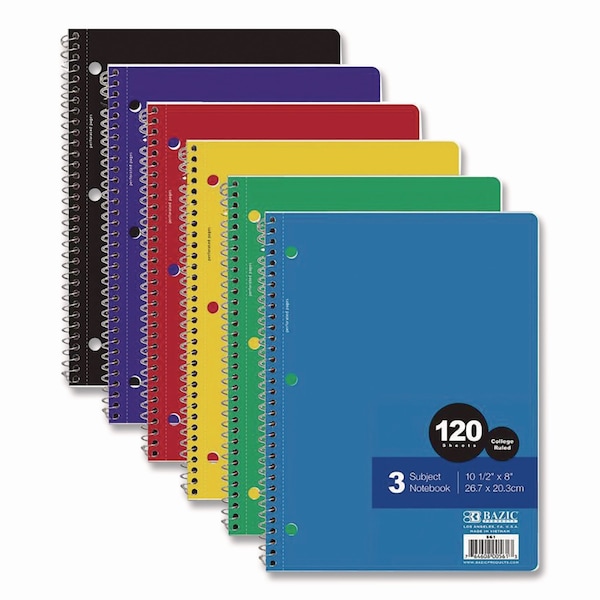 Bazic Products Spiral Notebooks, 3 Subjects, Medium/College Rule, Randomly Assorted Cover Colors BAZ561 - main