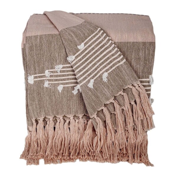 Homeroots 50" X 60" Brown and Tan Woven Cotton Striped Throw Blanket with Fringe and Embroidery 548939 - main