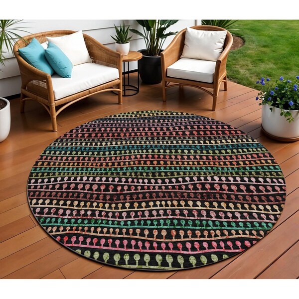 Homeroots 8' Black Green And Gold Round Striped Washable Indoor Outdoor Area Rug 588240 - main