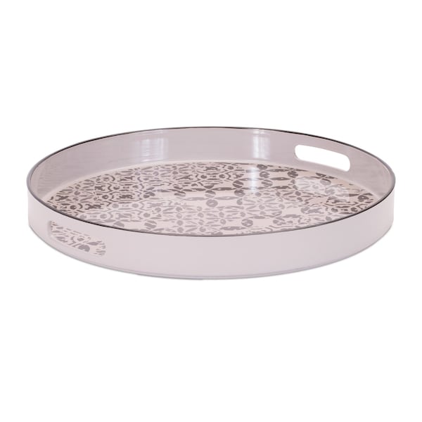 Homeroots 14" Cream And Gray Geometric Pad Print Round Serving Tray With Handles 634499 - main