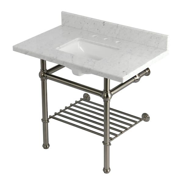 Kingston Brass 36-Inch Carrara Marble Console Sink with Brass Legs and Shelf, 8-Inch, 3-Hole KVPB3630MBSQB8 - main