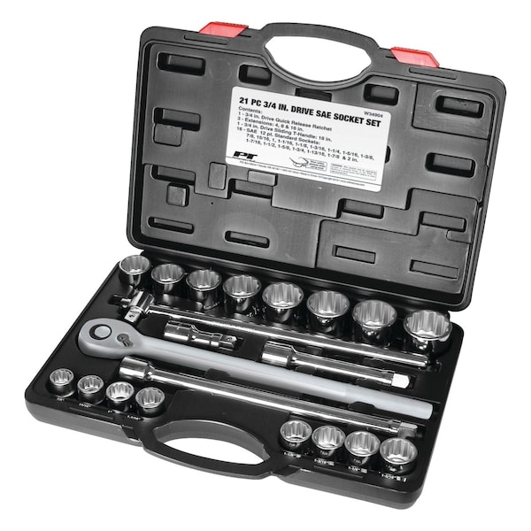 Performance Tool 21 pc. 3/4 in. Dr. Socket Set, SAE, 12pt Sockets, Ratchet, Case W34904 - main