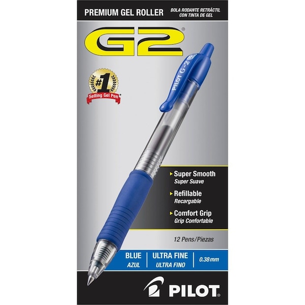 Pilot G2 Gel Retractable Rollerball Pen, Ultra Fine, 0.38mm, Blue Ink, Dozen 31278 - main
