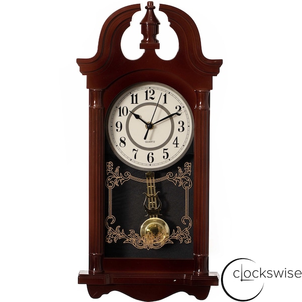 Clockswise 20in Plastic Wood-Grain Finish Clock with Battery-Operated Swinging Pendulum and Chime, Brown QI004822-20.BN - main