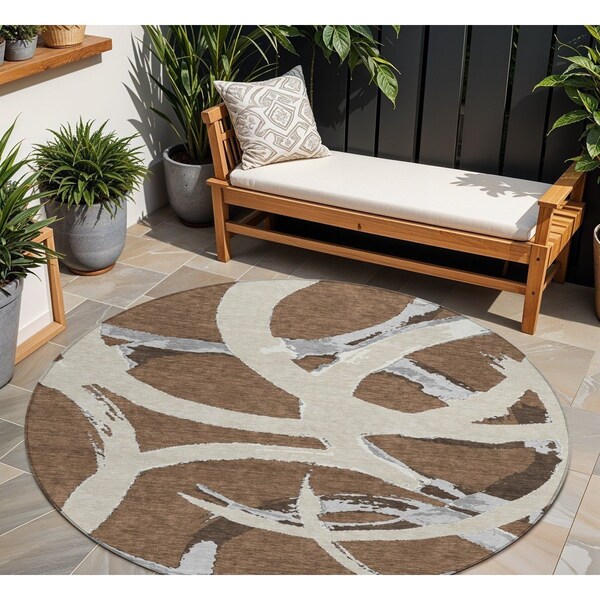 Homeroots 8' Brown Beige And Gray Round Abstract Washable Indoor Outdoor Area Rug 599114 - main