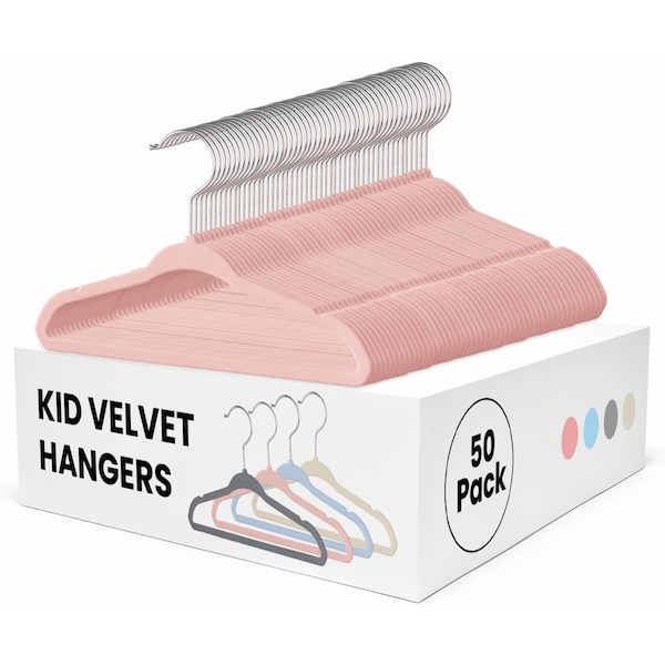 Simple Deluxe Kids Velvet Hangers, 11 Inch Durable Children Hangers for Closet, Pink, 50PK HKHANGVELVETKID50PNK - main