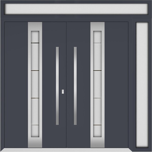 Vdomdoors Metal Double Doors Deux 1717 Gray Graphite Frosted Glass 1 Sidelight and Top Transom Entry Modern P DEUX1717DEXD-GRE-W72+12xH80+14-LH-I - main