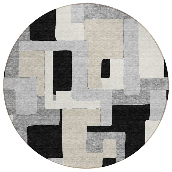 Homeroots 8' Black Ivory And Beige Round Geometric Washable Indoor Outdoor Area Rug 613195 - main