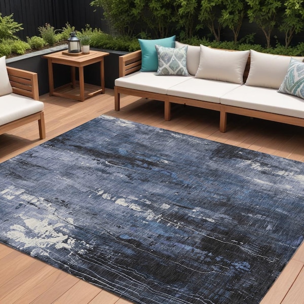 Homeroots 8' X 10' Blue And Ivory Abstract Washable Indoor Outdoor Area Rug 617653 - main
