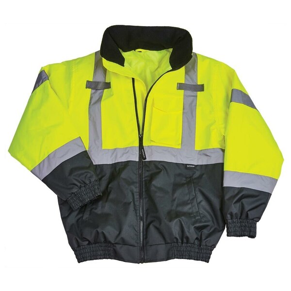 J. J. Keller & Associates High Visibility Bomber Jacket, ANSI Class 3, Full-Zip, Vertical Reflective Tape, Lime, 5XL 59345 - main