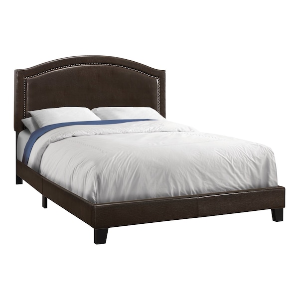 Homeroots Brown Solid Wood Queen Upholstered Linen Bed Frame with Nailhead Trim 333306 - main