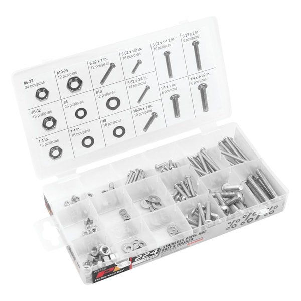 Performance Tool 224 pc. SAE Stainless Steel Assortment, Screws, Washers, Nuts W5358 - main