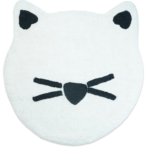 Homeroots 32" Black And White Cotton Cat Shaped Youthful Bath Rug 634890 - main