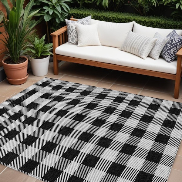 Homeroots 10' X 14' Black Gray And Ivory Plaid Washable Indoor Outdoor Area Rug 595468 - main