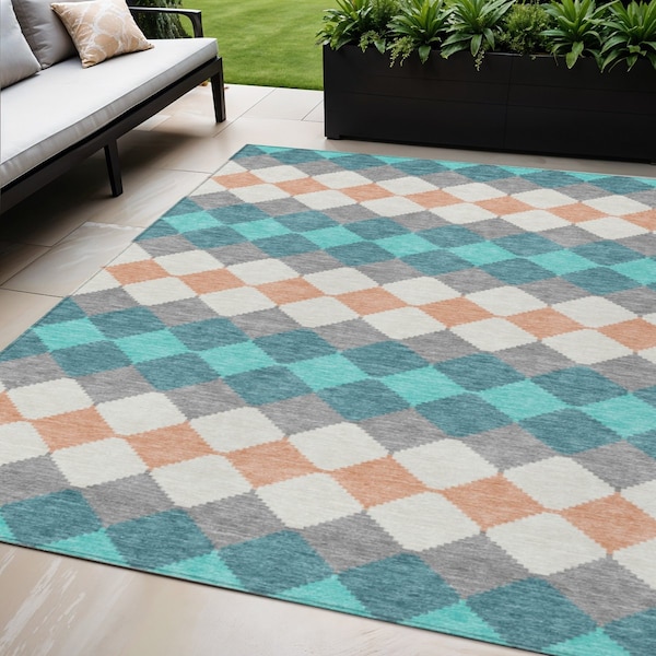 Homeroots 5' X 8' Teal Blue Gray And Copper Geometric Washable Indoor Outdoor Area Rug 597927 - main