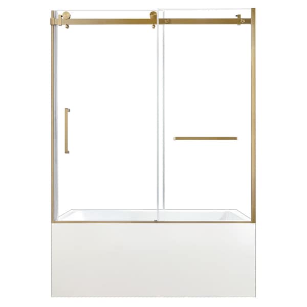 Kingston Brass 60" Acrylic Alcove Right-Hand Drain Tub with Left Sliding Tub Door, White/Brushed Brass KVTDE603122R7 - main