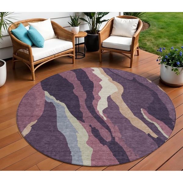 Homeroots 8' Plum Purple And Ivory Round Abstract Washable Indoor Outdoor Area Rug 600986 - main