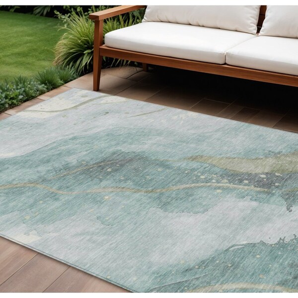 Homeroots 10' X 14' Teal Blue And Aqua Abstract Washable Indoor Outdoor Area Rug 611392 - main