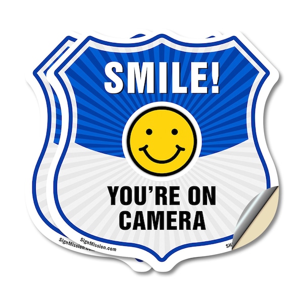 Signmission Smile You're On Camera Shield Sign Smile, 18 inch X 18 inch, Vinyl Decal, 2PK SHI-D-2PACK-18-463 - main